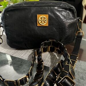 Tory Burch Black Leather Crossbody Bag with Gold Accents